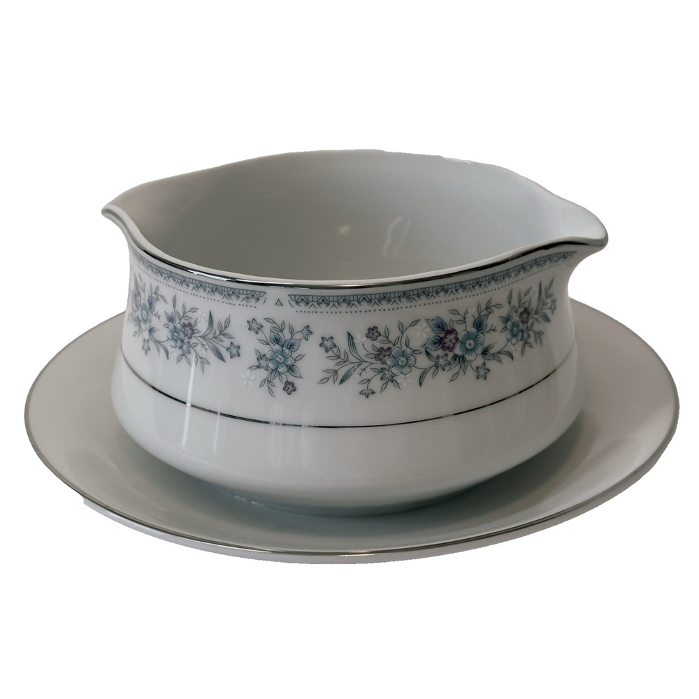 Sone China, SON89, GravyBoat w/ Attached Plate Japan Blue & Mauve Flowers, Blue